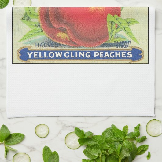 ヒイラギのモモのヴィンテージのフルーツの木枠のラベル キッチンタオル (折り畳み)