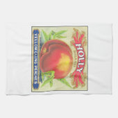 ヒイラギのモモのヴィンテージのフルーツの木枠のラベル キッチンタオル (横)
