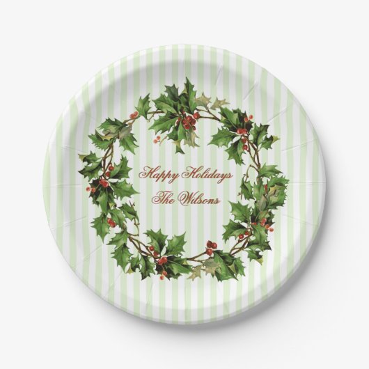 ヒイラギのリースのヴィンテージのパーソナライズなクリスマス ペーパープレート (正面)
