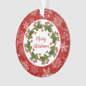 ヒイラギのリース、雪片のクリスマスの写真 オーナメント (正面)