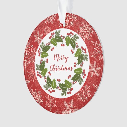 ヒイラギのリース、雪片のクリスマスの写真 オーナメント (正面)