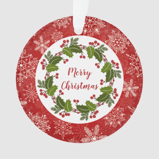 ヒイラギのリース、雪片のクリスマスの写真 オーナメント (正面)