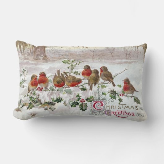 ヒイラギのヴィンテージのクリスマスの8羽の英国のロビン ランバークッション (正面)