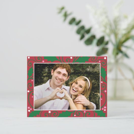 ヒイラギの休日の赤いおよび緑の写真の郵便はがき シーズンポストカード (スタンド正面)