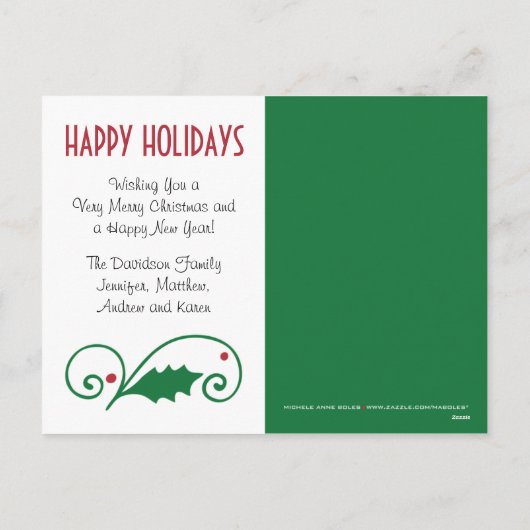 ヒイラギの休日の赤いおよび緑の写真の郵便はがき シーズンポストカード (裏面)