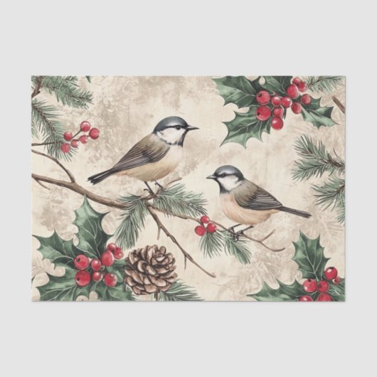 ヒイラギの実と枝の上の2羽の鳥 薄葉紙 (正面)