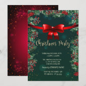 ヒイラギの実 赤いリボン 緑の会社 クリスマス 招待状 (正面/裏面)