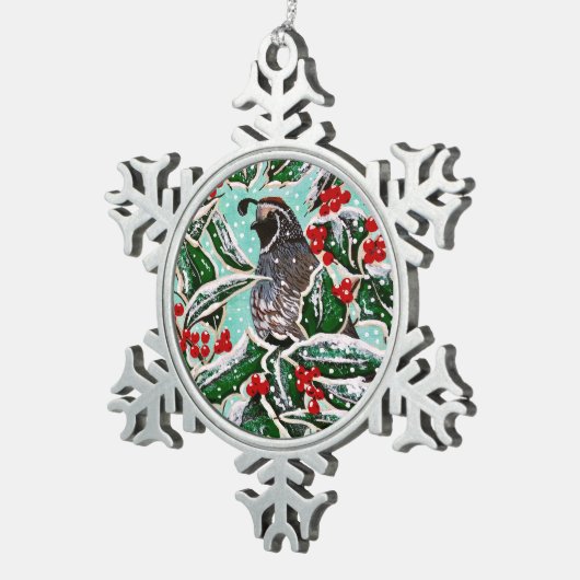 ヒイラギの果実のウズラのオーナメント スノーフレークピューターオーナメント (右)