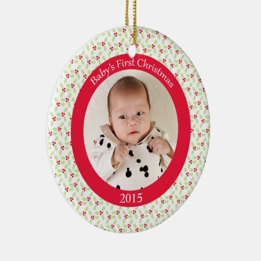ヒイラギの果実のベビーの初めてのクリスマスの写真のオーナメント セラミックオーナメント (右)