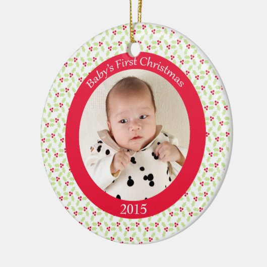 ヒイラギの果実のベビーの初めてのクリスマスの写真のオーナメント セラミックオーナメント (左)