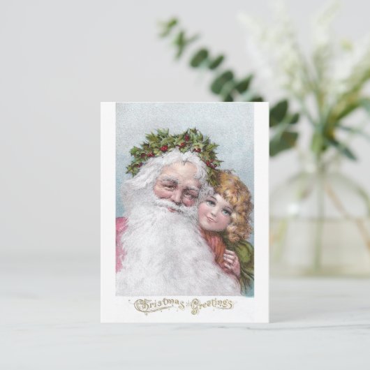 ヒイラギの王冠および女の子が付いている1907年のサンタ シーズンポストカード (スタンド正面)