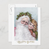 ヒイラギの王冠および女の子が付いている1907年のサンタ シーズンポストカード (正面/裏面)