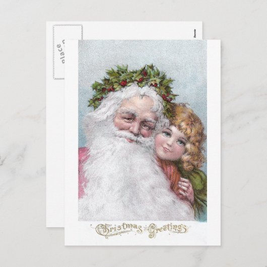 ヒイラギの王冠および女の子が付いている1907年のサンタ シーズンポストカード (正面/裏面)