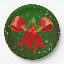 ヒイラギの紙皿が付いているクリスマスの弓 ペーパープレート