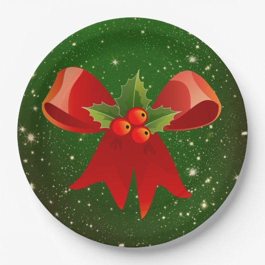 ヒイラギの紙皿が付いているクリスマスの弓 ペーパープレート (正面)