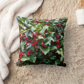 ヒイラギの葉と赤い実のクリスマス植物モチーフ クッション (ブランケット)