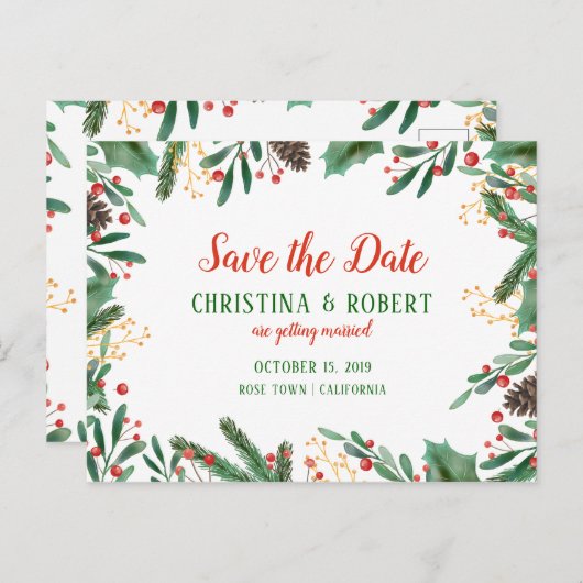 ヒイラギの葉の果実のクリスマス|の保存日付 案内ポストカード (正面/裏面)
