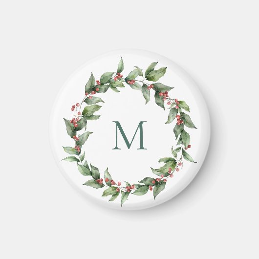 ヒイラギの赤い実のモノグラム クリスマス マグネット (正面)
