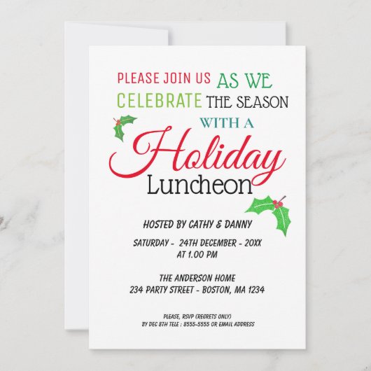 ヒイラギはクリスマスの昼食会の招待状を去ります 招待状 (正面)