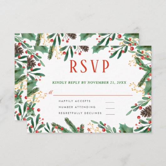 ヒイラギは果実のクリスマス|結婚RSVPを去ります 出欠カード (正面/裏面)