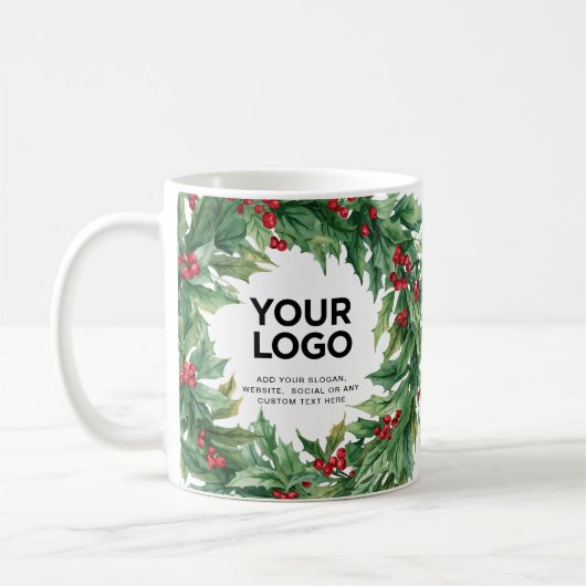 ヒイラギベリー クリスマス ビジネス ロゴ テキスト コーヒーマグカップ (左)