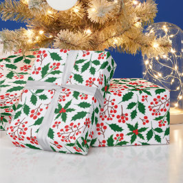 ヒイラギ 赤い実のボタニカル クリスマス ホリデー ラッピングペーパー