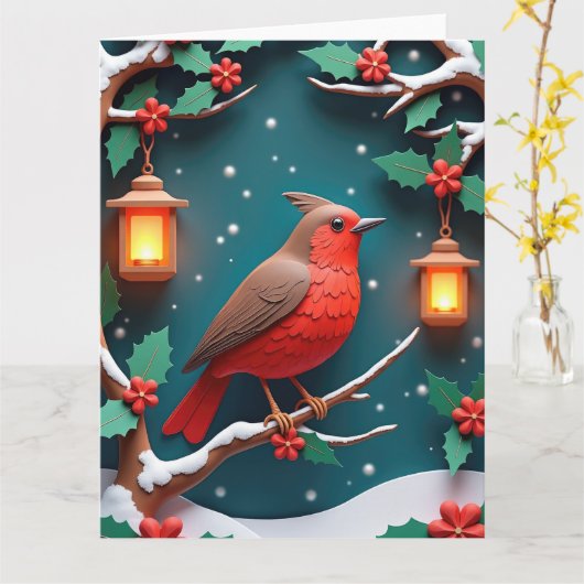 ヒイロギに止まるロビンのクリスマス カード (黄色い花)