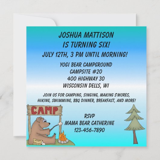 ヒグマのキャンプの誕生日の招待状 招待状 (裏面)