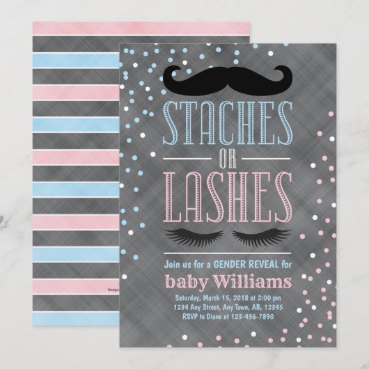 ヒゲかマツゲの性別発表招待状のアイデア 招待状 (正面/裏面)