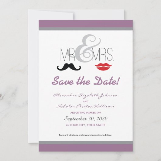 ヒゲと口紅の結婚式お知らせカード！ セーブザデート (正面)