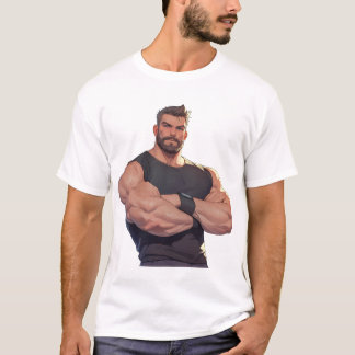 ヒゲのあるたくましいボディビルダーの男性の漫画 Tシャツ
