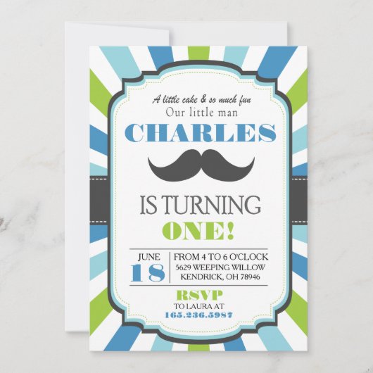 ヒゲパーティーブルー誕生日招待状 招待状 (正面)