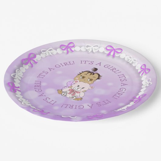 ヒスパニックのベビーガール持ちテディベアのベビーシャワー ペーパープレート (アングル)