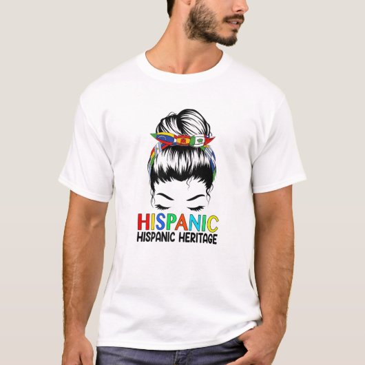 ヒスパニック伝統月フラグ乱雑BunヒスパニックW Tシャツ (正面)