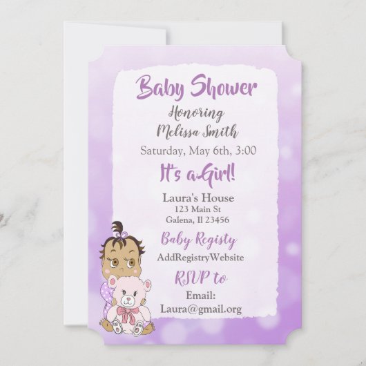 ヒスパニック系の赤ちゃんの女の子とテディベア 赤ちゃんの発表パーティー 招待状 (正面)