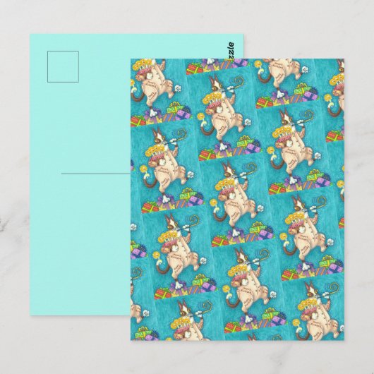 ヒス アンド フィッツのネコが誕生日スーツでケーキとろうそく ポストカード (正面/裏面)