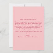 ヒッチドアーチフォトピンク結婚クの駆け落ち 案内状 (裏面)