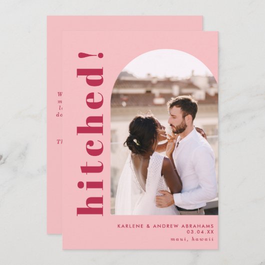 ヒッチドアーチフォトピンク結婚クの駆け落ち 案内状 (正面/裏面)