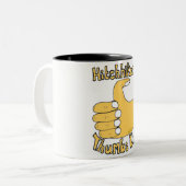 ヒッチハイカーの親指はおもしろいな漫画のマグを持ち上げます ツートーンマグカップ (正面左)