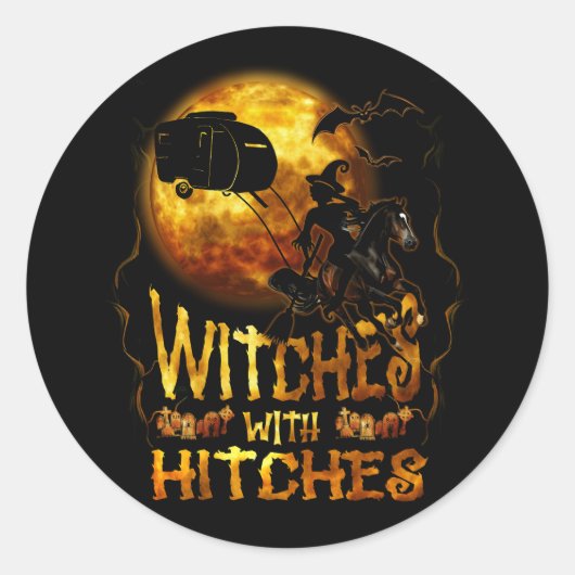 ヒッチンキャンピングおもしろい魔女ハロウィン付き魔女 ラウンドシール (正面)