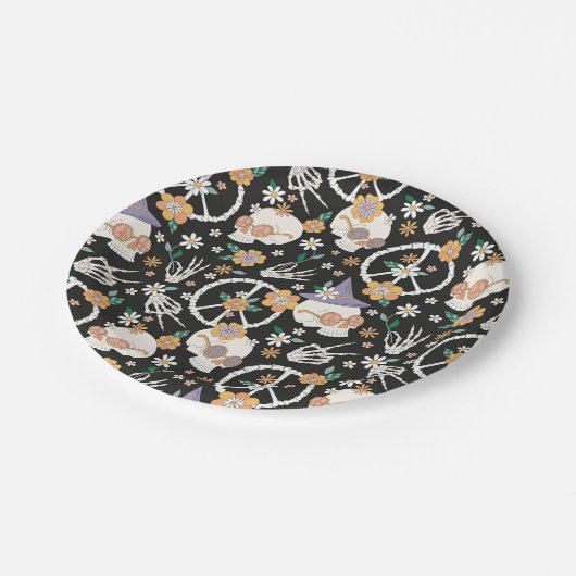 ヒッパイハロウィーンスカルと花のパターン ペーパープレート (アングル)