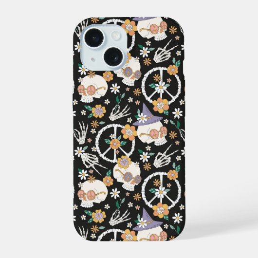 ヒッパイハロウィーンスカルと花のパターン iPhone 15ケース (裏面)