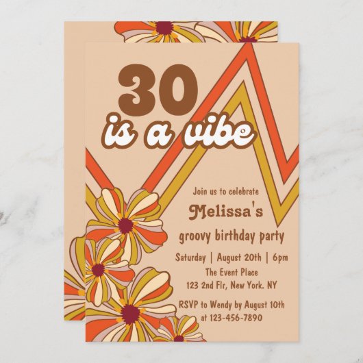 ヒッパイフラワーレトロ70sジグザグザ30th誕生日 招待状 (正面/裏面)