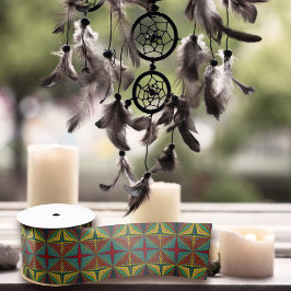 ヒッパイレッドブルーイエローグリーンエスニックトリップ（幻覚体験）のような自然 サテンリボン