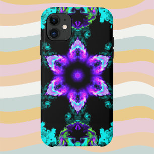 ヒッピサイケデリックーフラワーパープルティール(緑がかった色)&ブラ iPhone 11 ケース