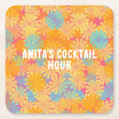 ヒッピトリップ（幻覚体験）のようなーサイケデリックレトロフローラデザイン スクエアペーパーコースター (正面)