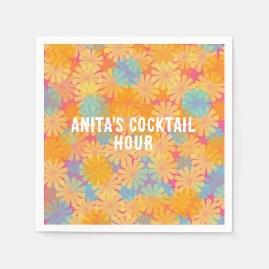ヒッピトリップ（幻覚体験）のようなーサイケデリックレトロフローラデザイン スタンダードカクテルナプキン (正面)