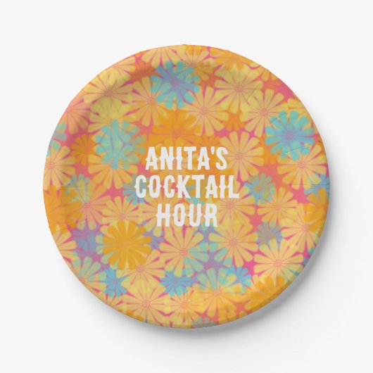 ヒッピトリップ（幻覚体験）のようなーサイケデリックレトロフローラデザイン ペーパープレート (正面)