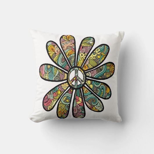 ヒッピトリップ（幻覚体験）のようなー·フラワー·パワー·ピース·サイン70 クッション (正面)