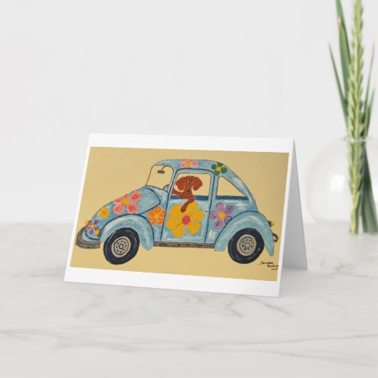 ヒッピーな車に乗ったダックスフント カード (正面)